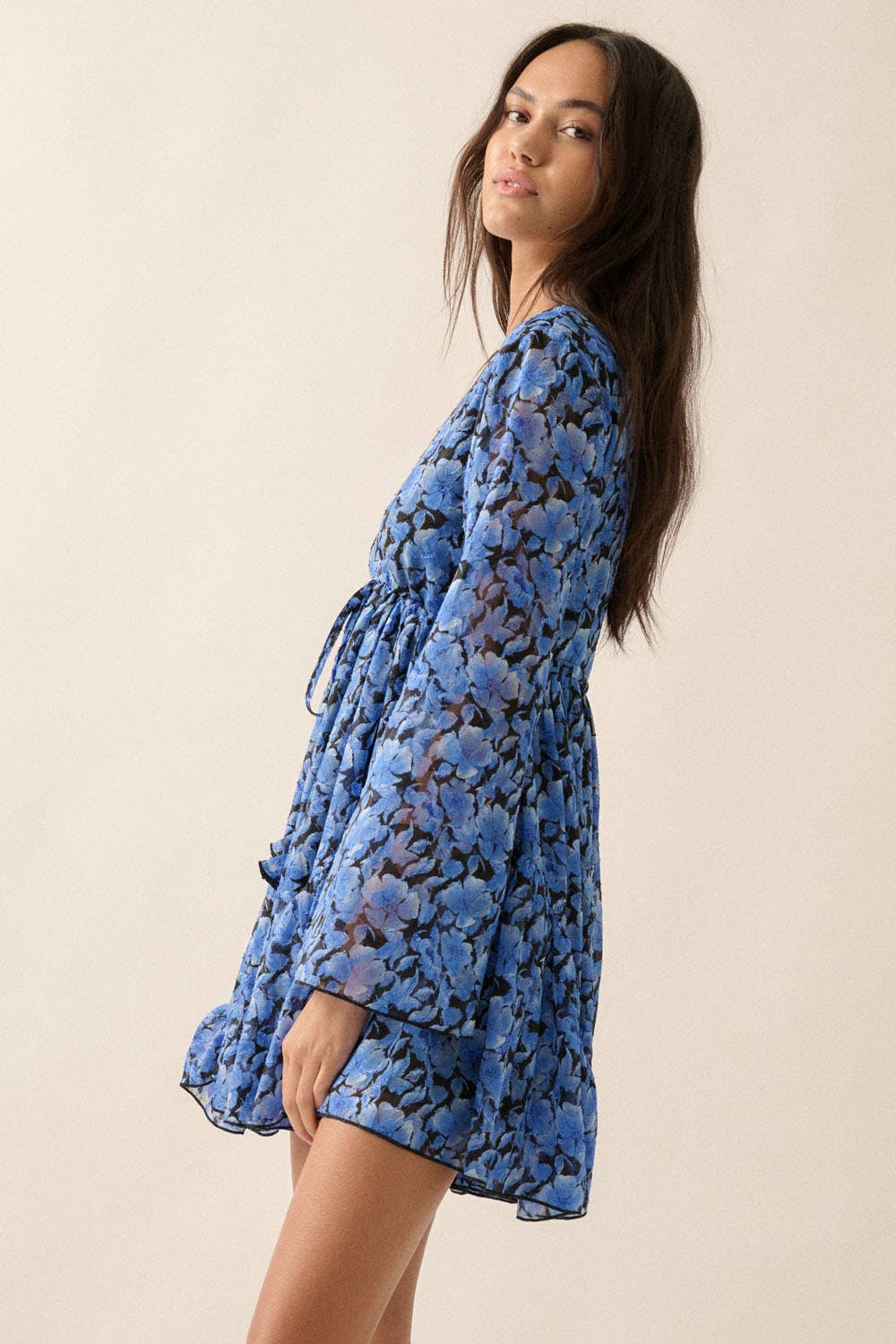 Floral Chiffon Bell-Sleeve V-Neck Blue Skort Romper