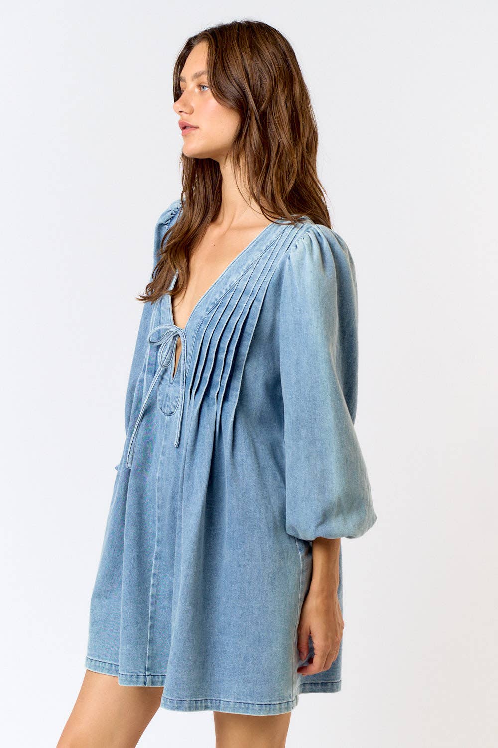 LONG SLEEVE TIE FRONT DENIM MINI DRESS