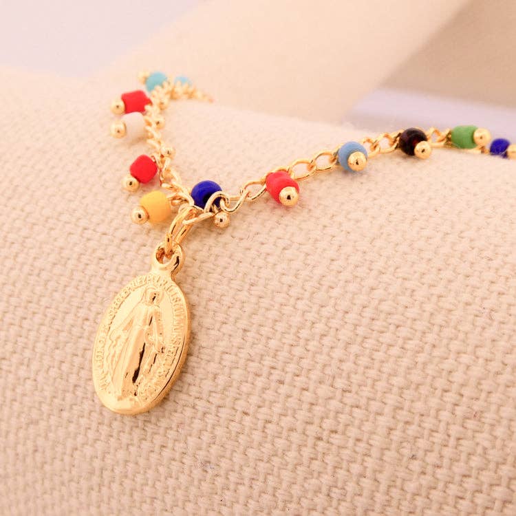 Gold-Plated Miraculous Medal Multicolor Beaded Necklace 18-inch