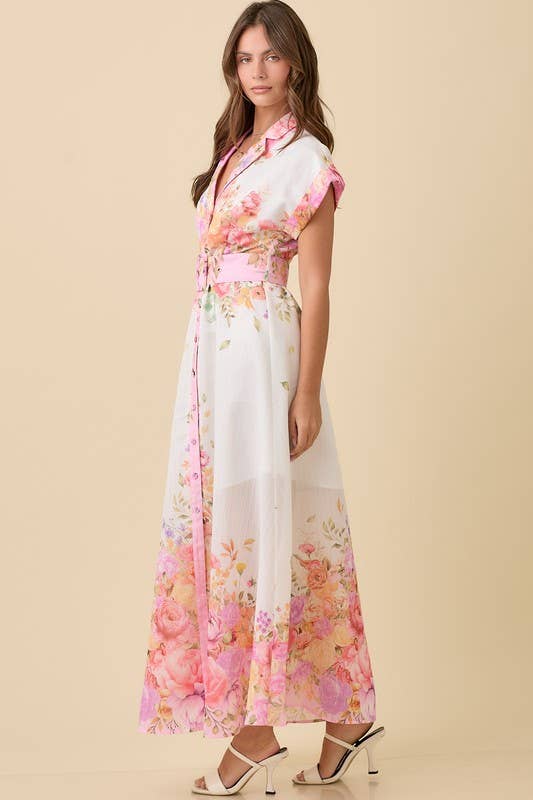 Floral Print Lapel Collar Button Down Maxi Dress