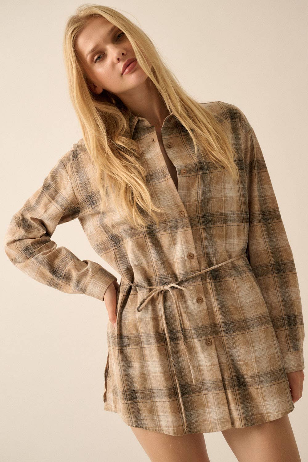 Flannel Plaid Belted Button-Up Shirt Romper