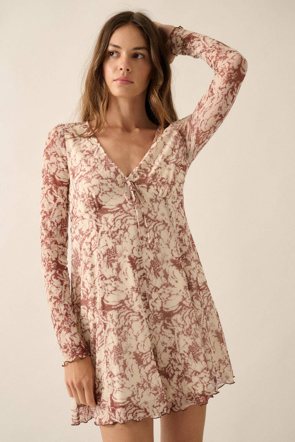 Floral Mesh High-Waist Wide-Leg Long-Sleeve Romper