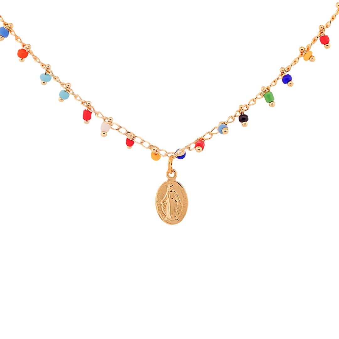 Gold-Plated Miraculous Medal Multicolor Beaded Necklace 18-inch