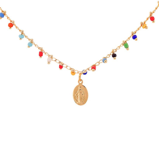 Gold-Plated Miraculous Medal Multicolor Beaded Necklace 18-inch
