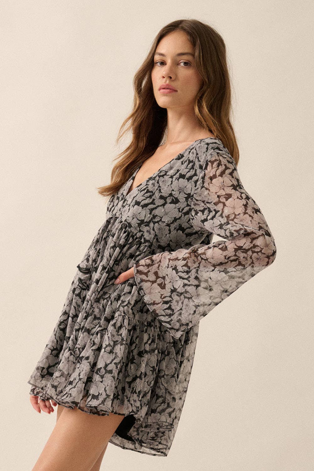 Floral Chiffon Bell-Sleeve V-Neck Blue Skort Romper